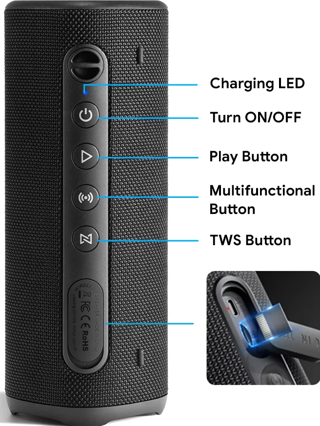 Walla Sound BOOM+ features and portable speaker controls