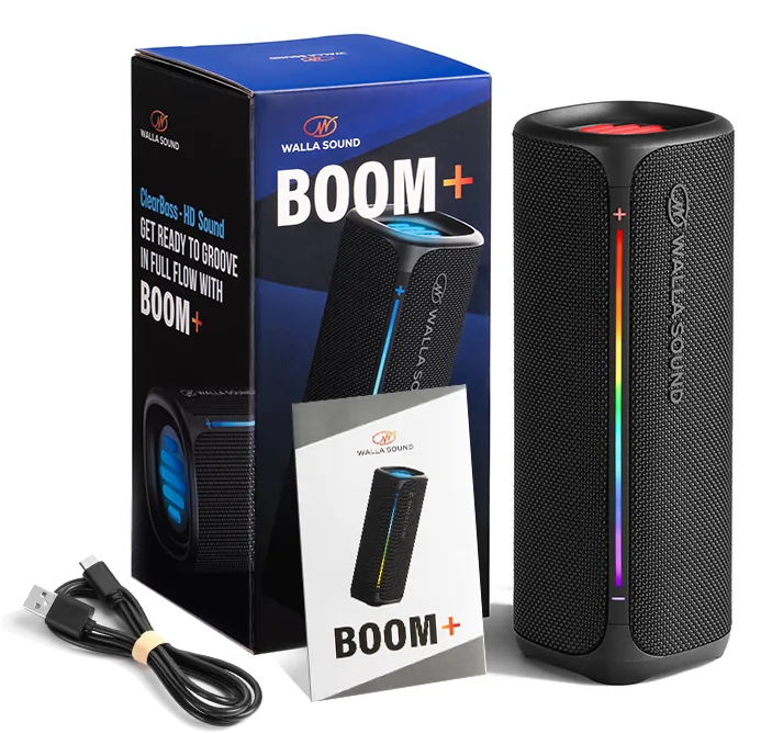 Walla Sound BOOM+ speaker with product box